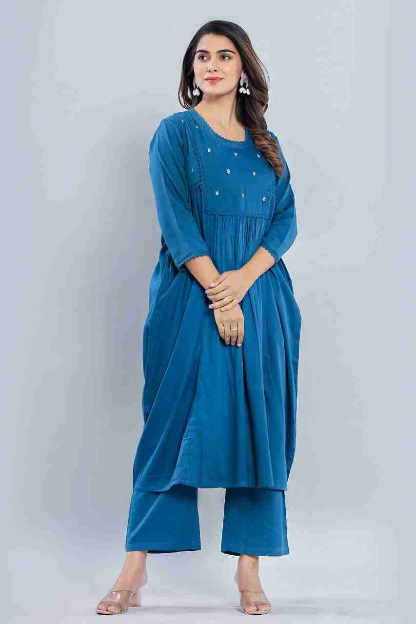 Naksh Blue Cotton Satin Kurta and Pants (Set of 2)