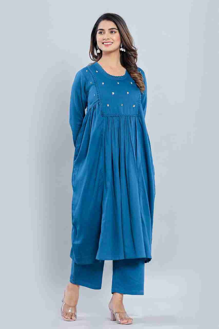 Naksh Blue Cotton Satin Kurta and Pants (Set of 2)