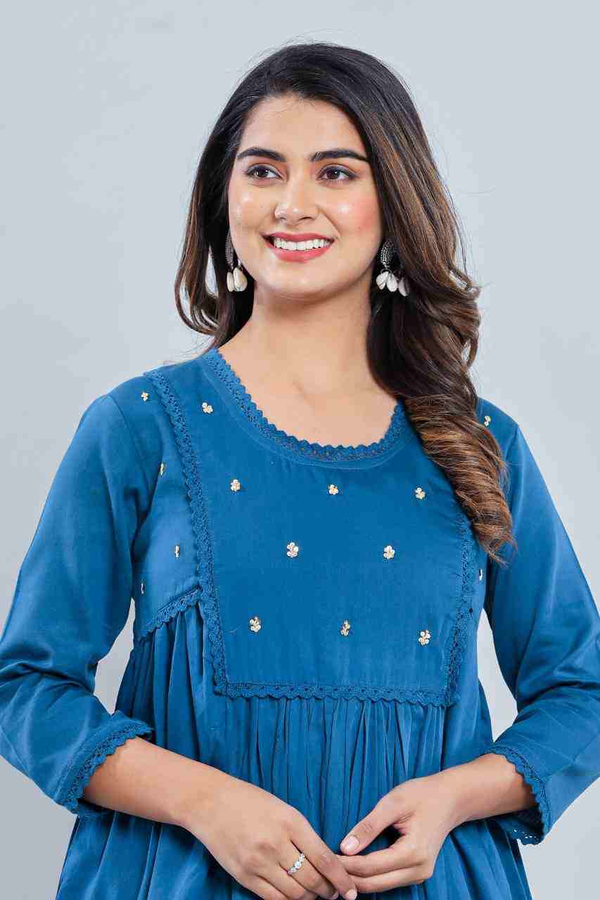 Naksh Blue Cotton Satin Kurta and Pants (Set of 2)