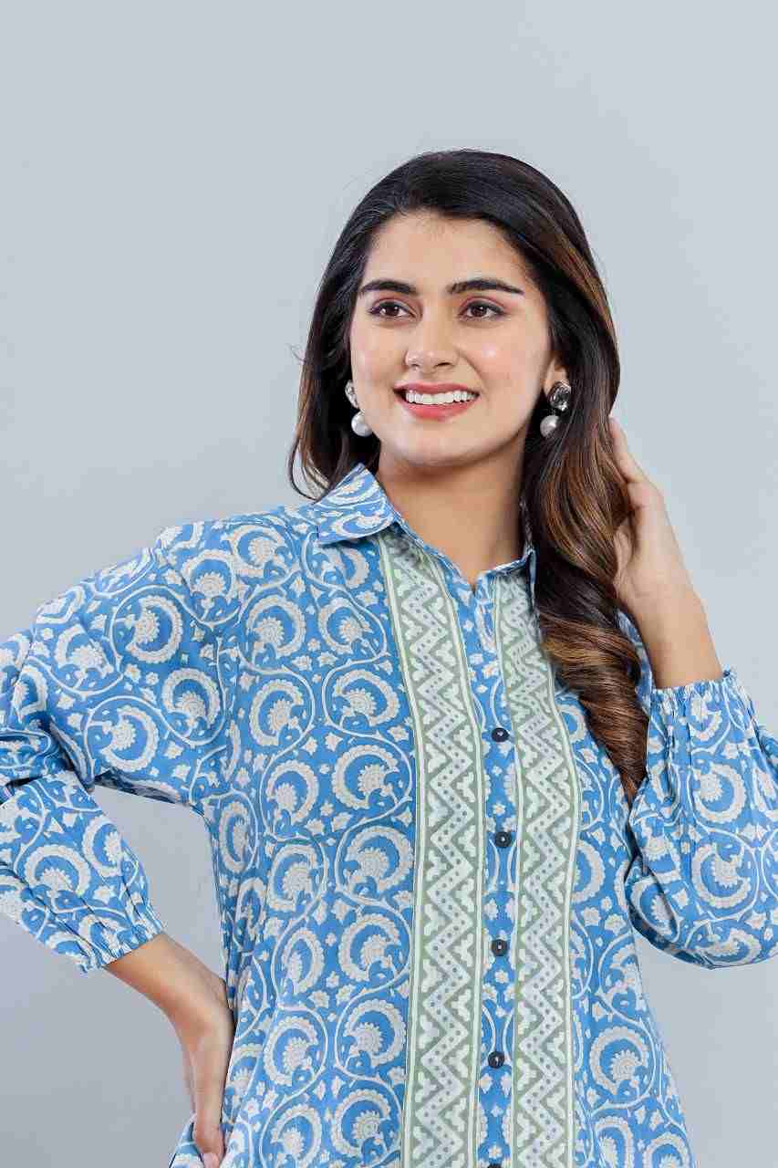Naksh Loose-Fit Blue Green Bagh Print Kurta-Shirt
