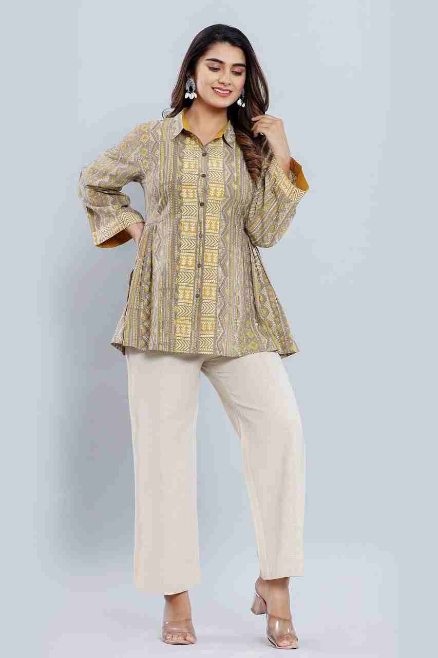 Naksh Grey Yellow Short Kurti With Side Gathers