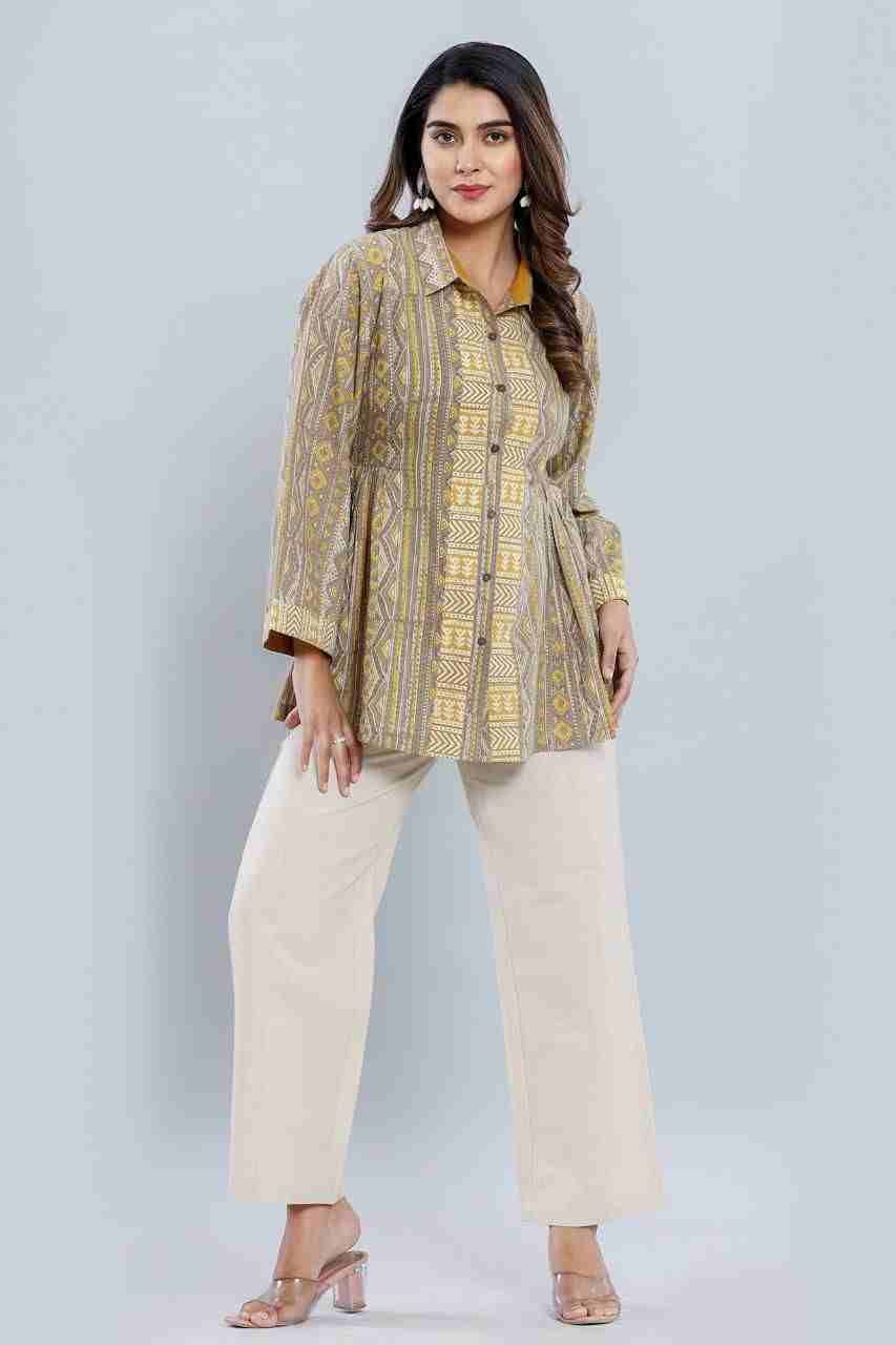 Naksh Grey Yellow Short Kurti With Side Gathers