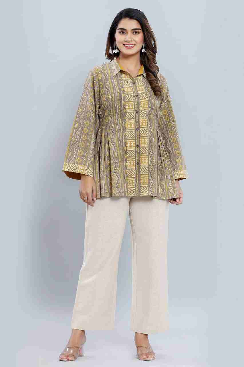 Naksh Grey Yellow Short Kurti With Side Gathers