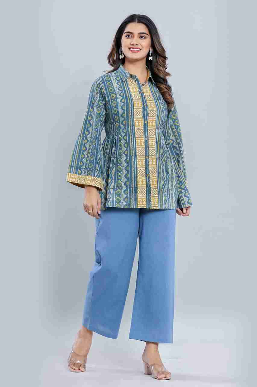Naksh Blue Yellow Short Kurti With Side Gathers