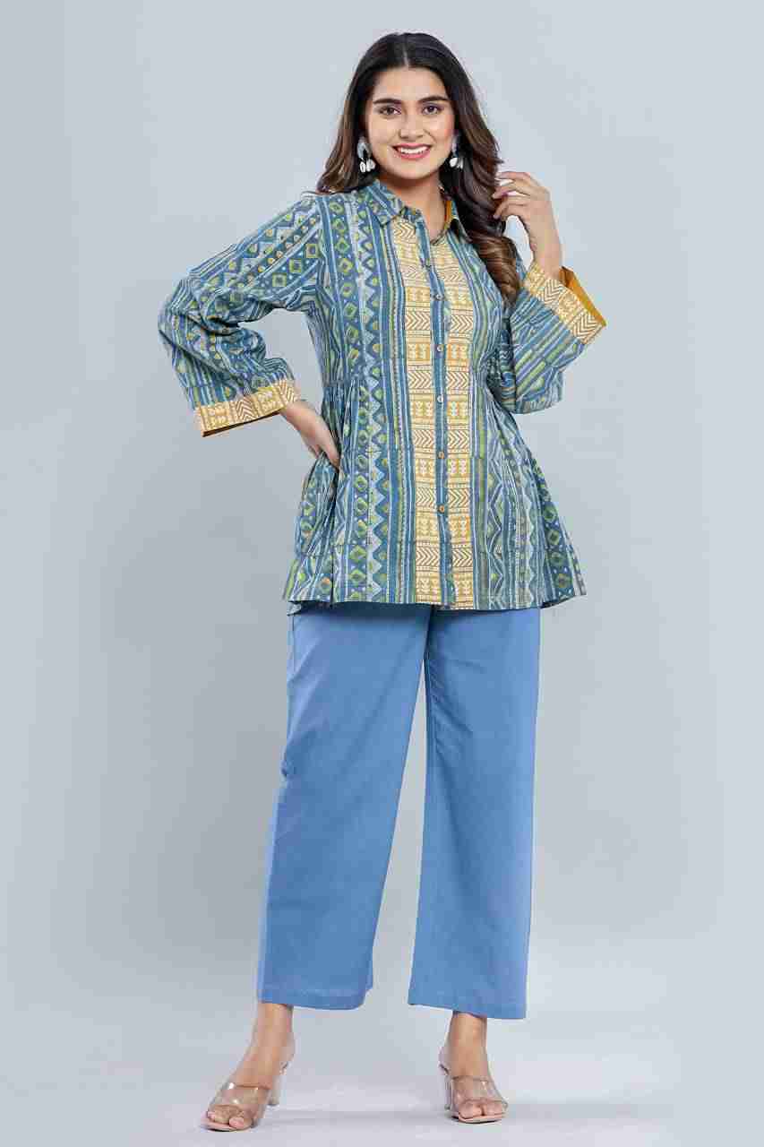 Naksh Blue Yellow Short Kurti With Side Gathers