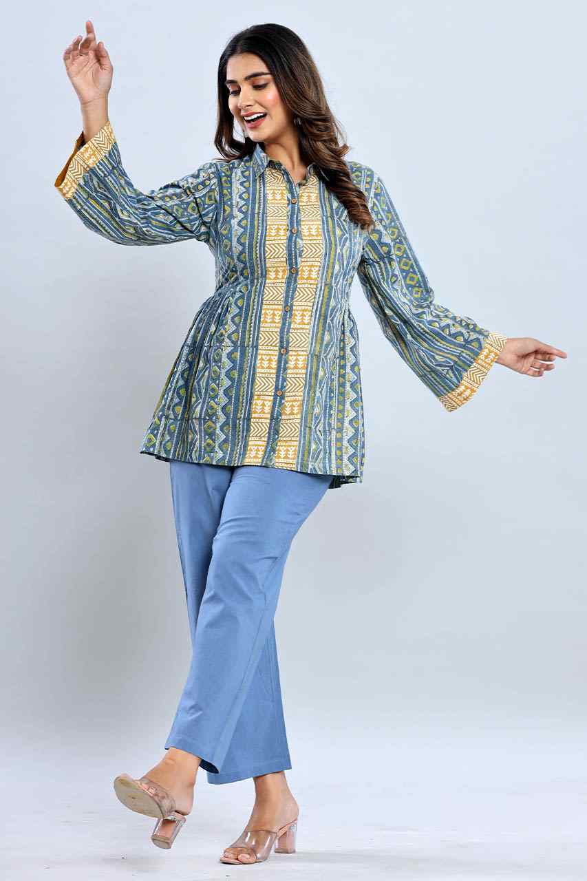 Naksh Blue Yellow Short Kurti With Side Gathers