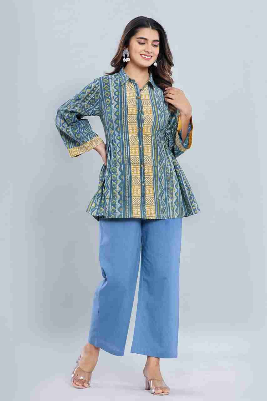Naksh Blue Yellow Short Kurti With Side Gathers