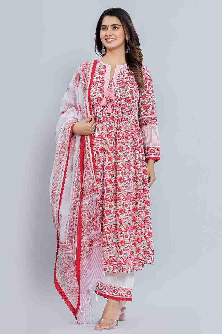 Naksh White Gathered Kurta Dupatta and Pants (Set of 3)