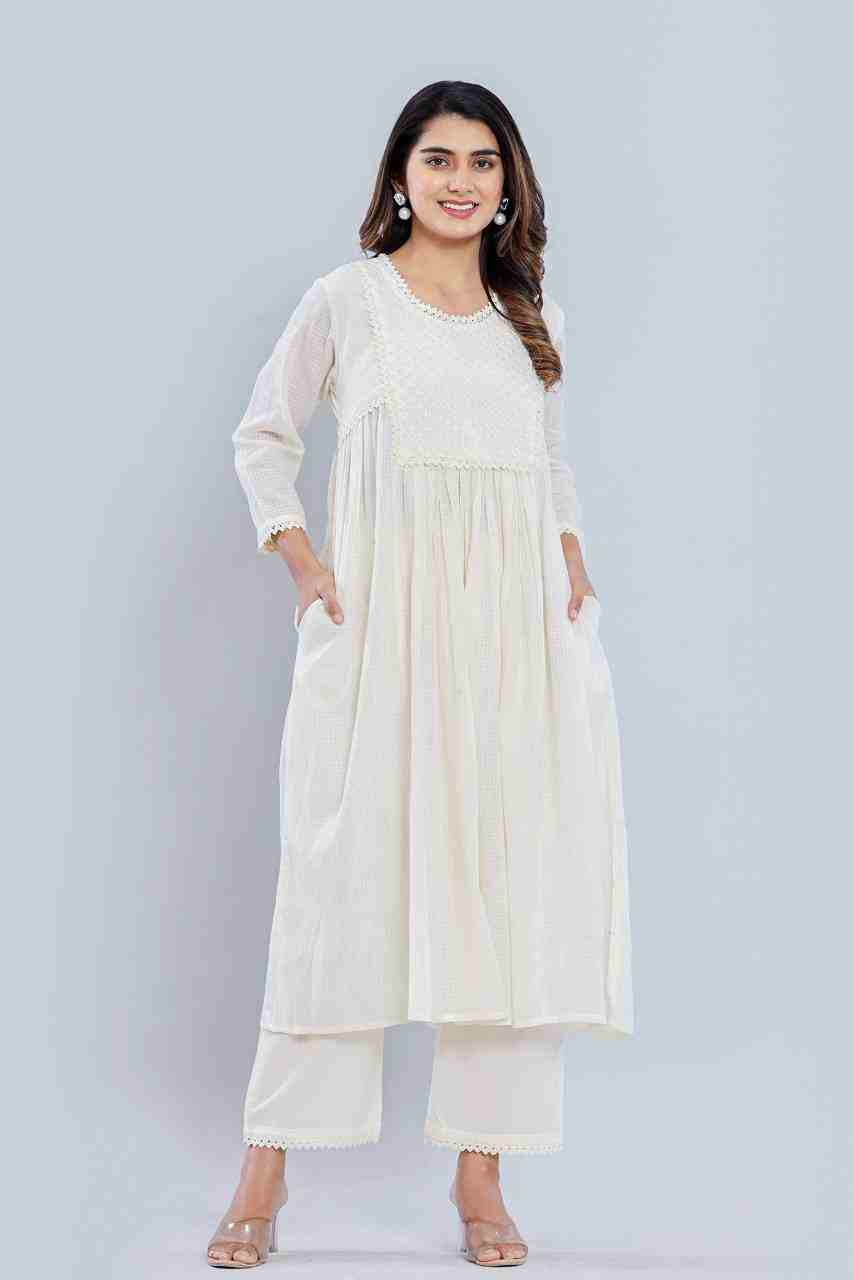 Naksh Off-White Cotton Kota Gathered Kurta and Pants (Set of 2)