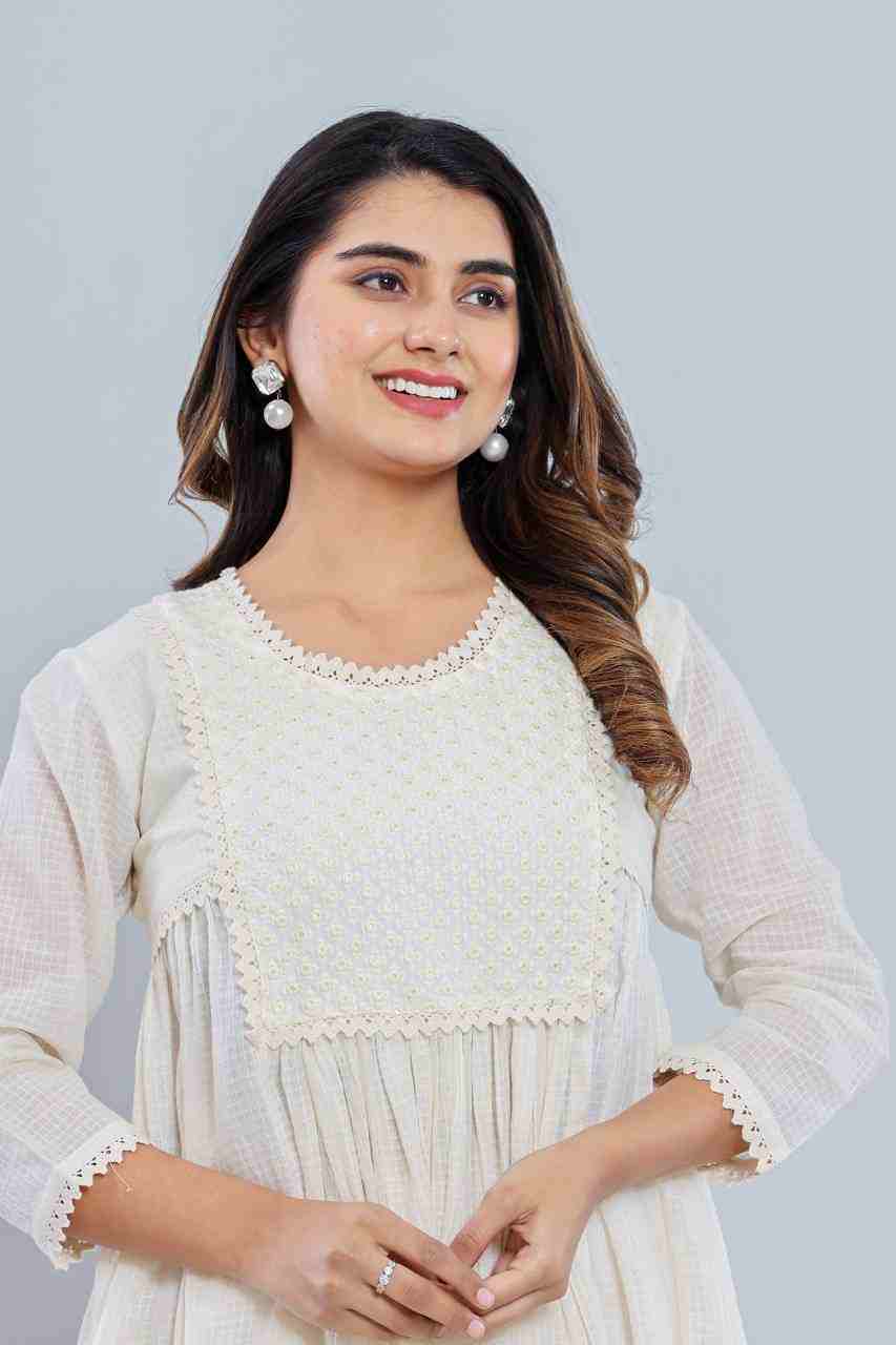 Naksh Off-White Cotton Kota Gathered Kurta and Pants (Set of 2)