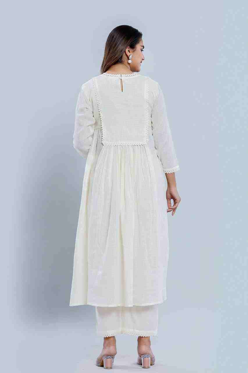 Naksh Off-White Cotton Kota Gathered Kurta and Pants (Set of 2)
