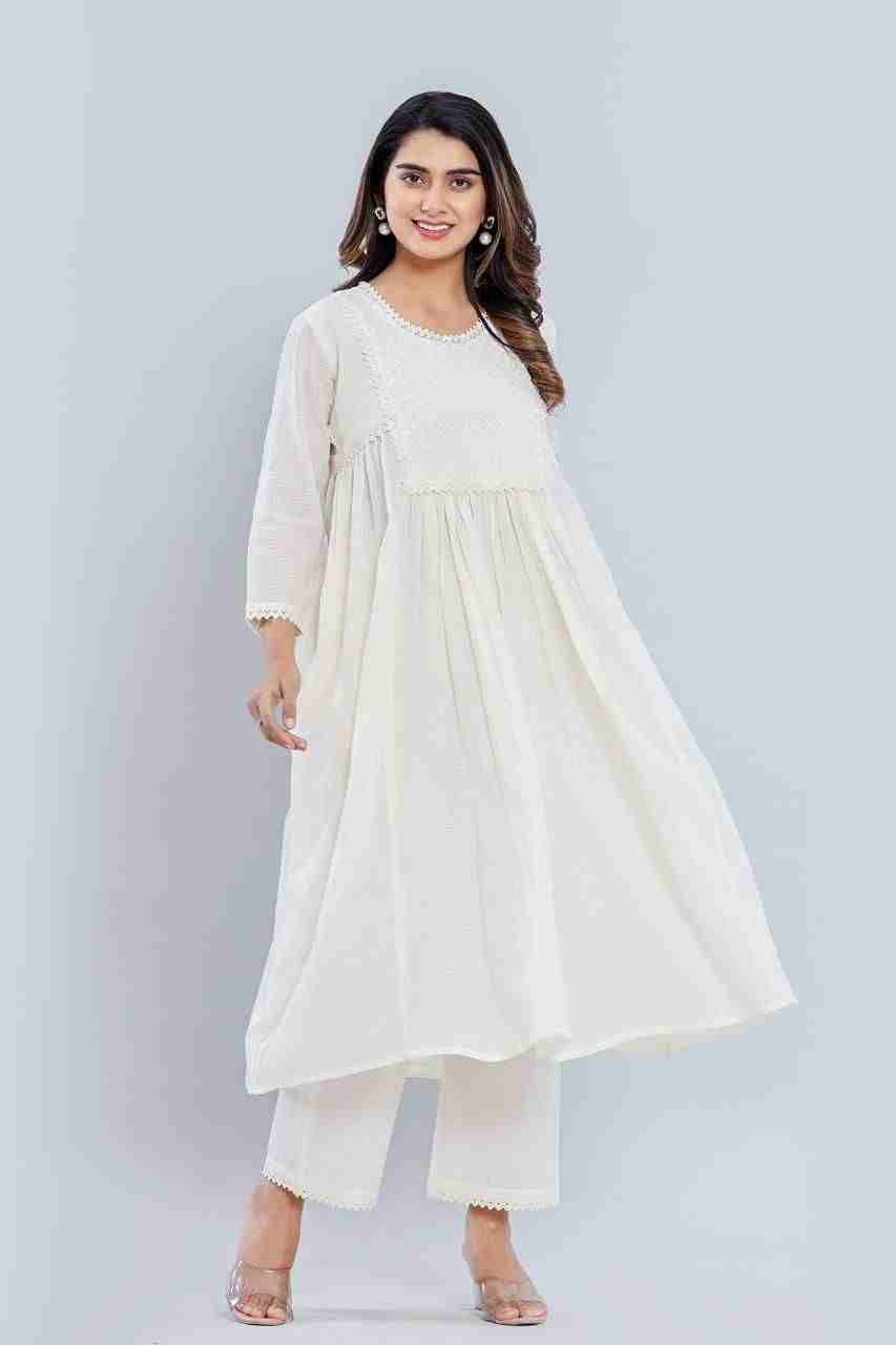 Naksh Off-White Cotton Kota Gathered Kurta and Pants (Set of 2)