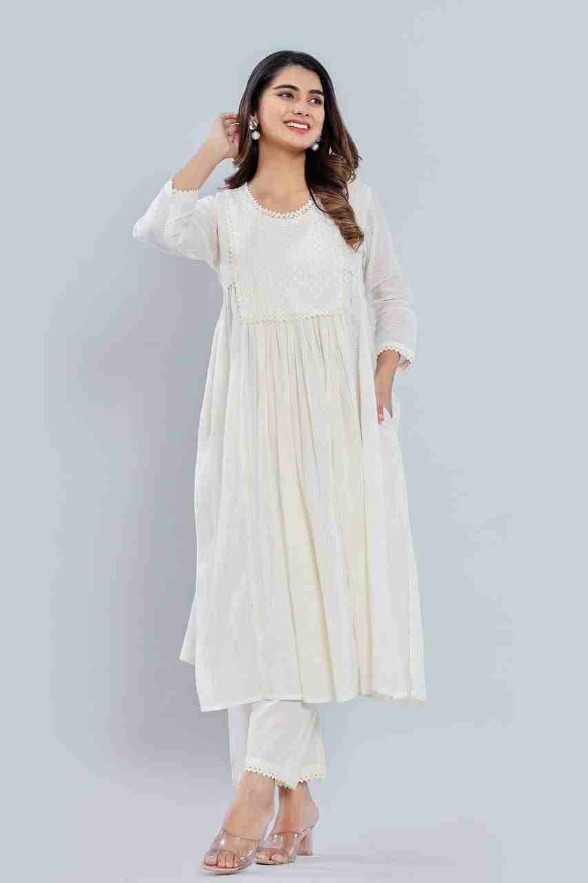 Naksh Off-White Cotton Kota Gathered Kurta and Pants (Set of 2)
