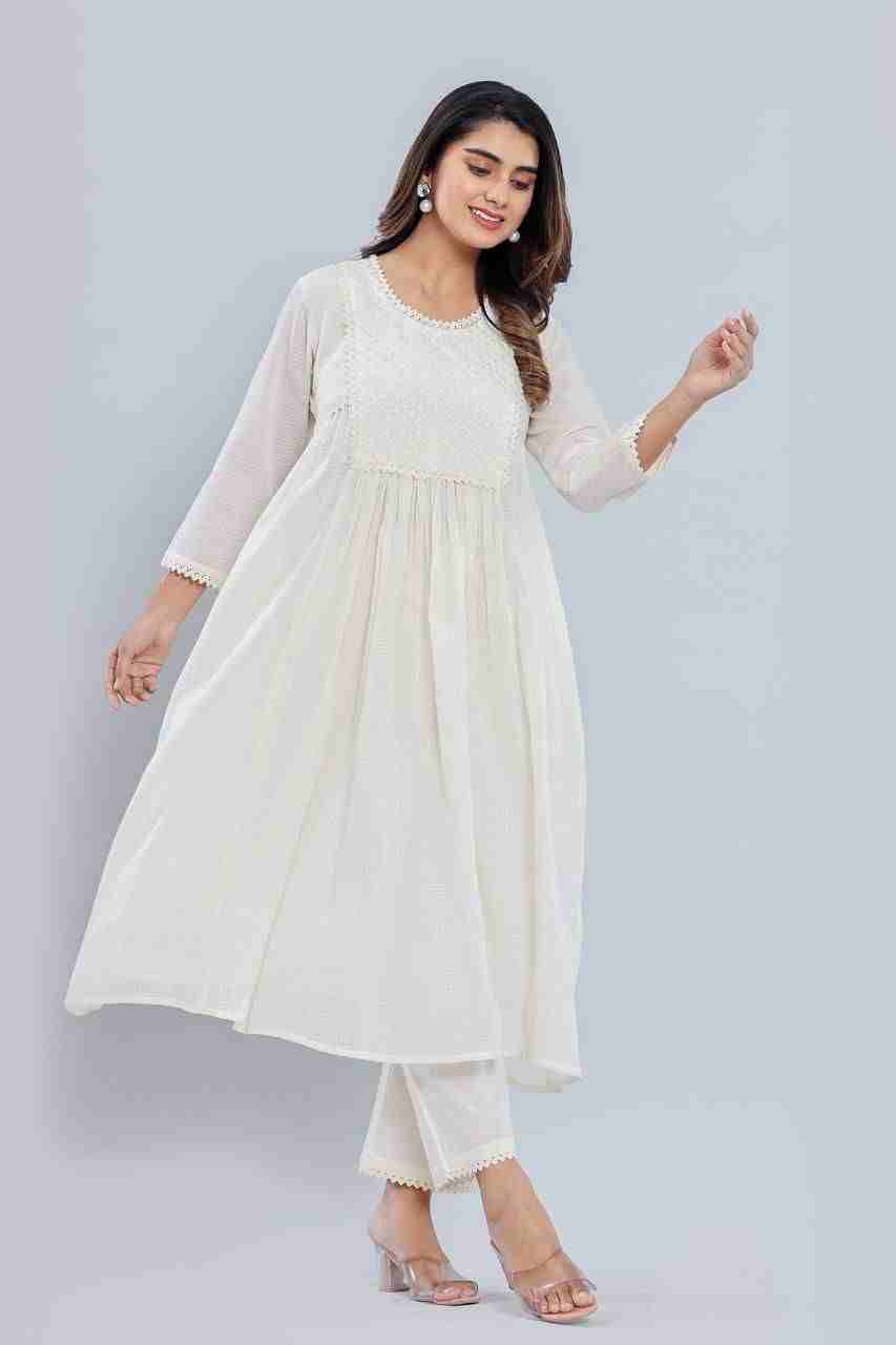 Naksh Off-White Cotton Kota Gathered Kurta and Pants (Set of 2)
