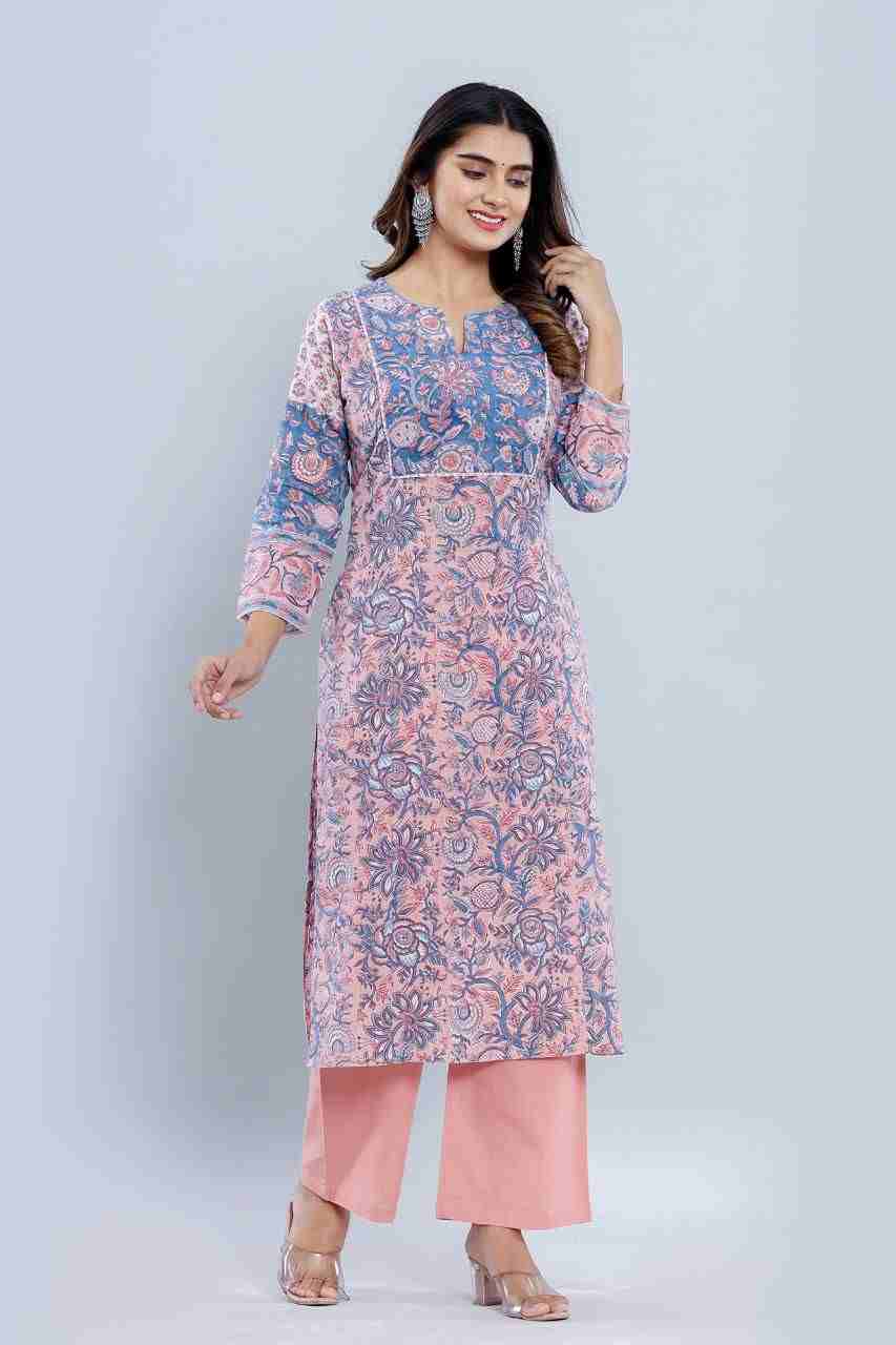 Naksh Peach-Blue Straight Kurta and Pants (Set of 2)