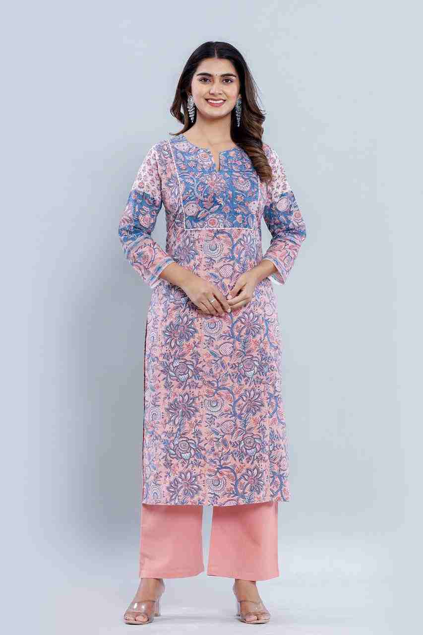 Naksh Peach-Blue Straight Kurta and Pants (Set of 2)