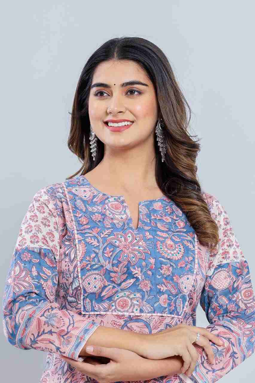 Naksh Peach-Blue Straight Kurta and Pants (Set of 2)