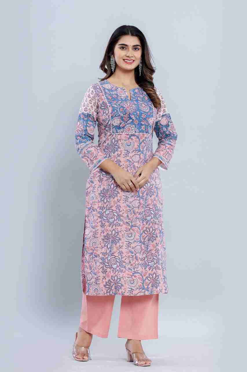 Naksh Peach-Blue Straight Kurta and Pants (Set of 2)