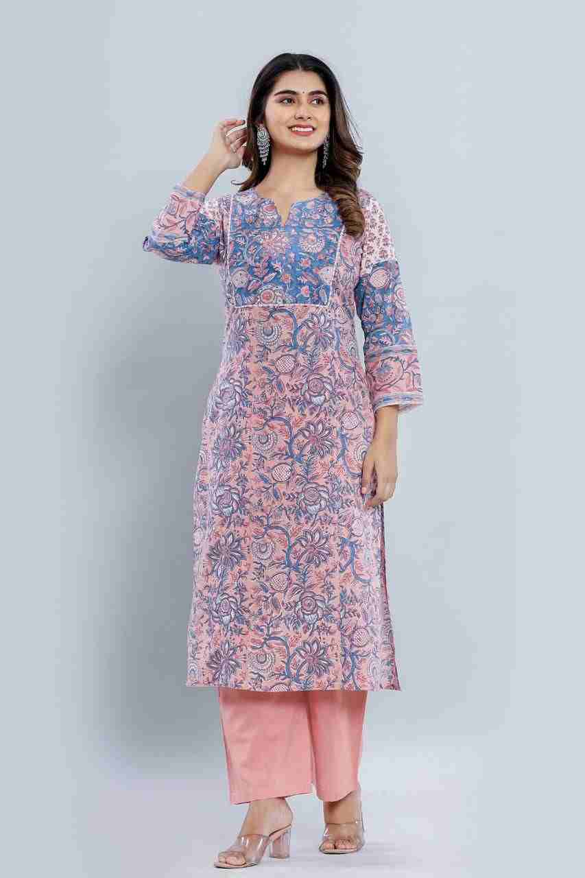 Naksh Peach-Blue Straight Kurta and Pants (Set of 2)