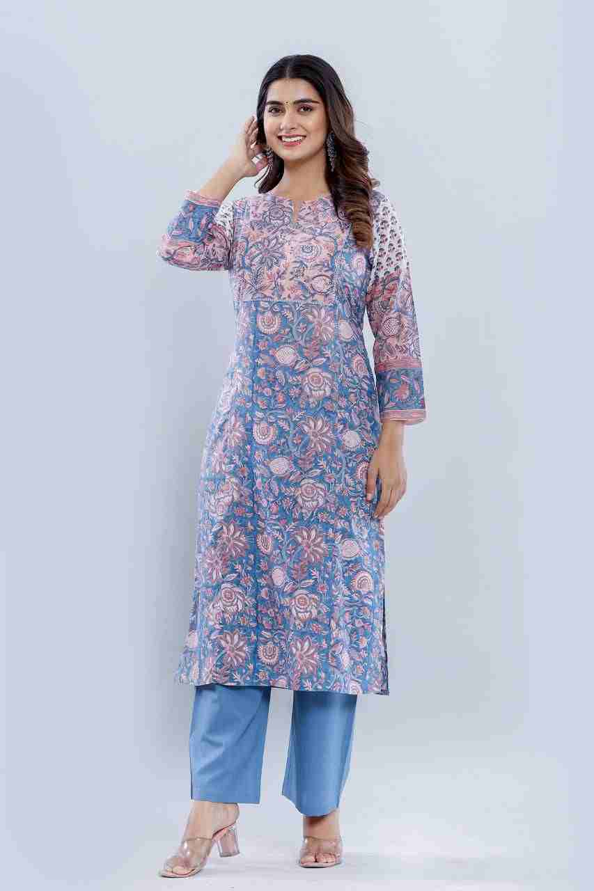 Naksh Blue-Peach Straight Kurta and Pants (Set of 2)