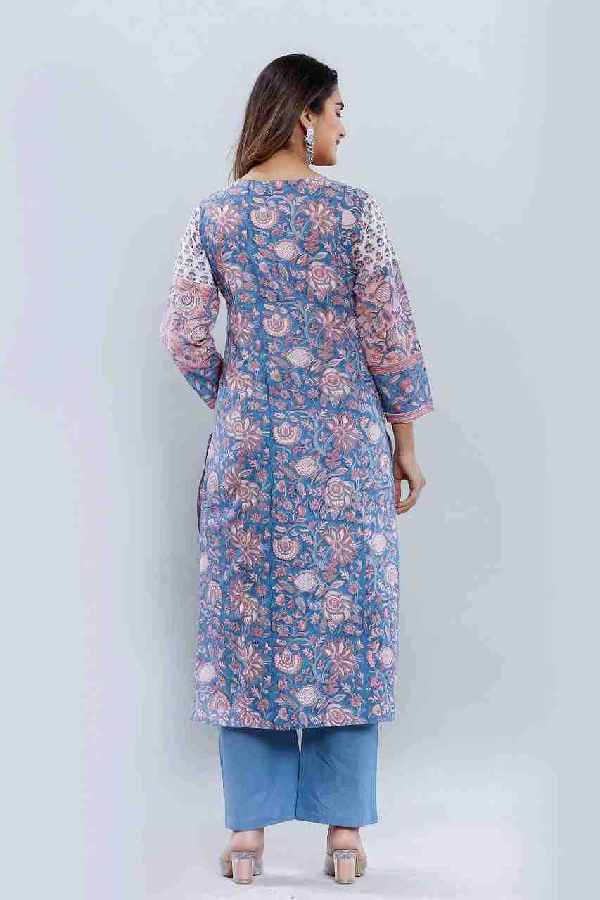 Naksh Blue-Peach Straight Kurta and Pants (Set of 2)