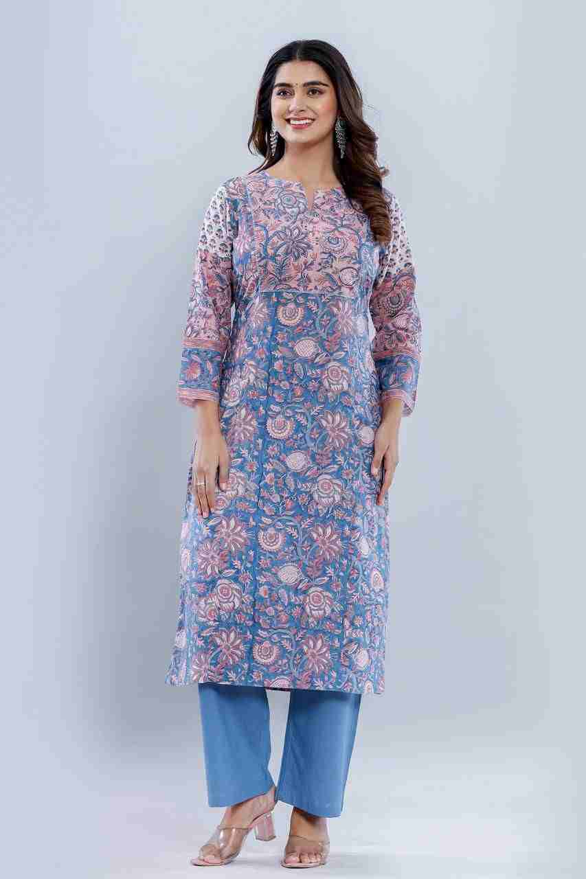 Naksh Blue-Peach Straight Kurta and Pants (Set of 2)
