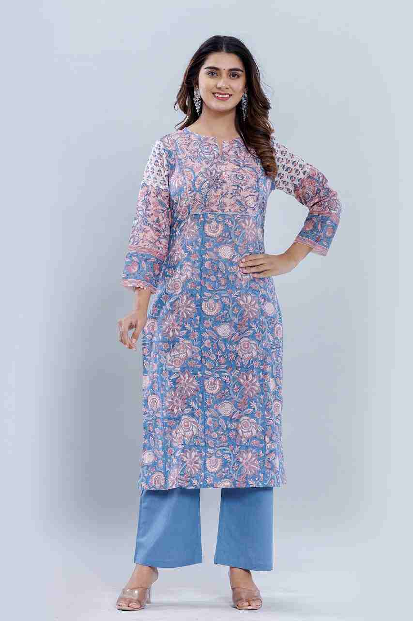 Naksh Blue-Peach Straight Kurta and Pants (Set of 2)