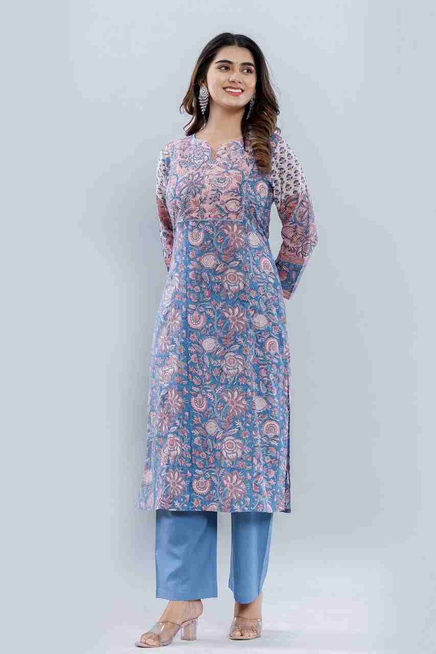 Naksh Blue-Peach Straight Kurta and Pants (Set of 2)