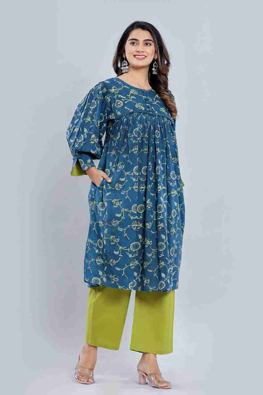Naksh Blue Loose Fit Gathered Kurta with Pants (Set of 2)