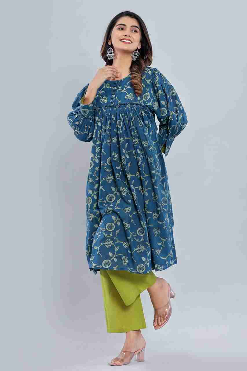 Naksh Blue Loose Fit Gathered Kurta with Pants (Set of 2)
