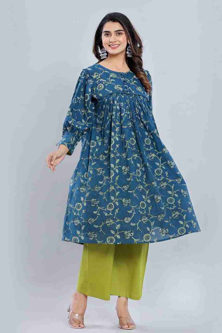 Naksh Blue Loose Fit Gathered Kurta with Pants (Set of 2)