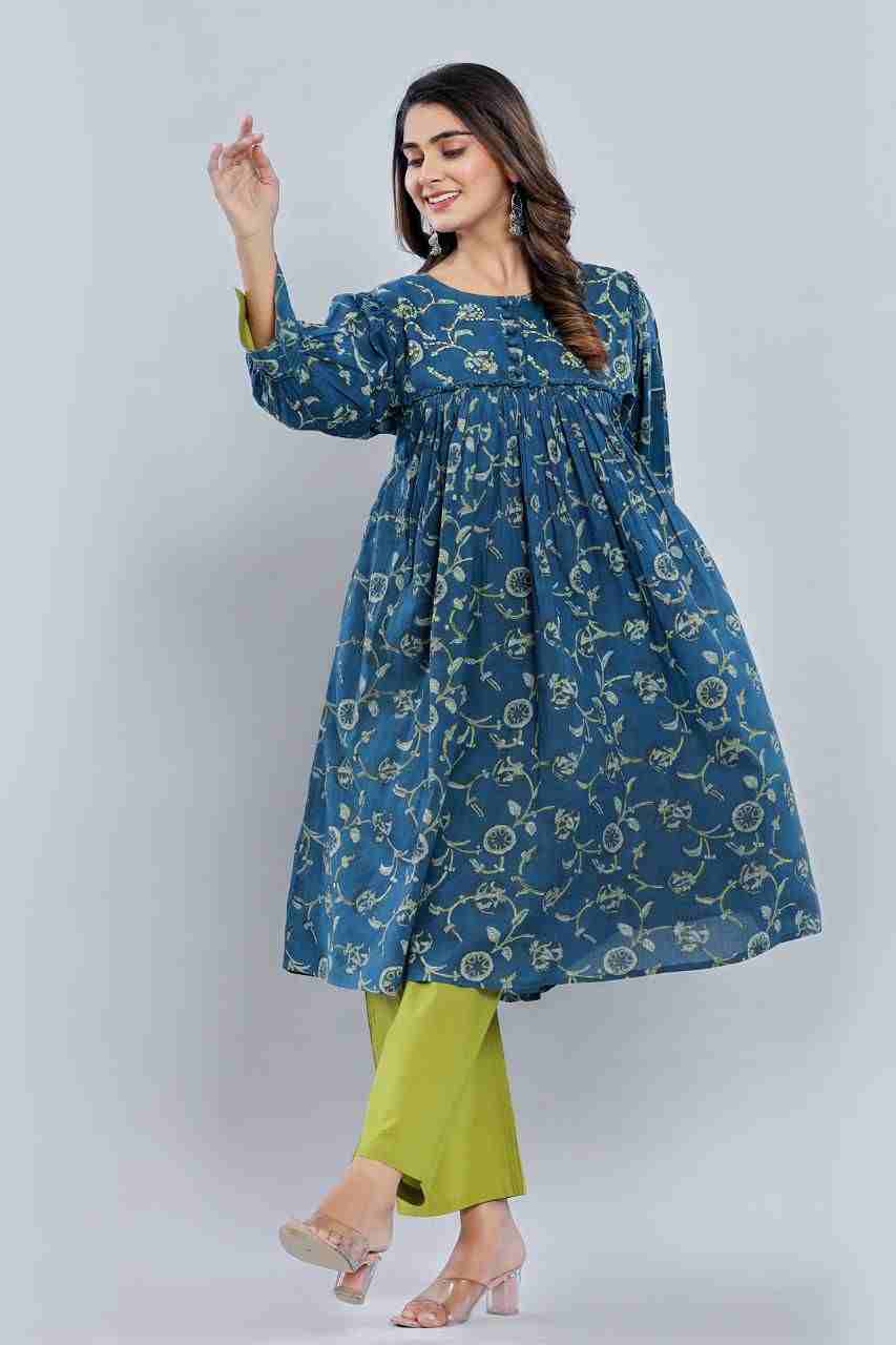Naksh Blue Loose Fit Gathered Kurta with Pants (Set of 2)