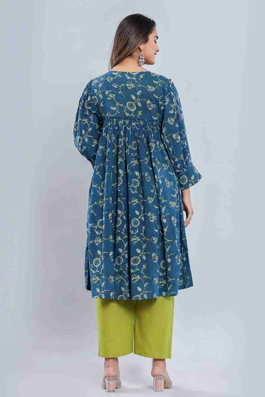 Naksh Blue Loose Fit Gathered Kurta with Pants (Set of 2)