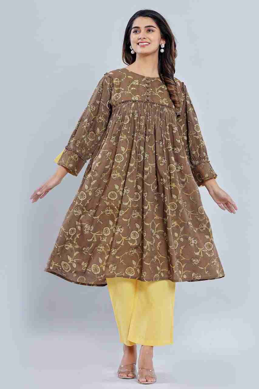 Naksh Brown Loose Fit Gathered Kurta with Pants (Set of 2)