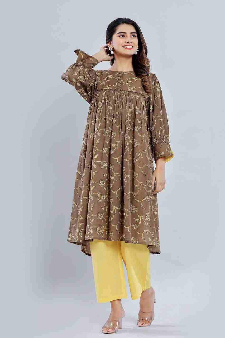 Naksh Brown Loose Fit Gathered Kurta with Pants (Set of 2)
