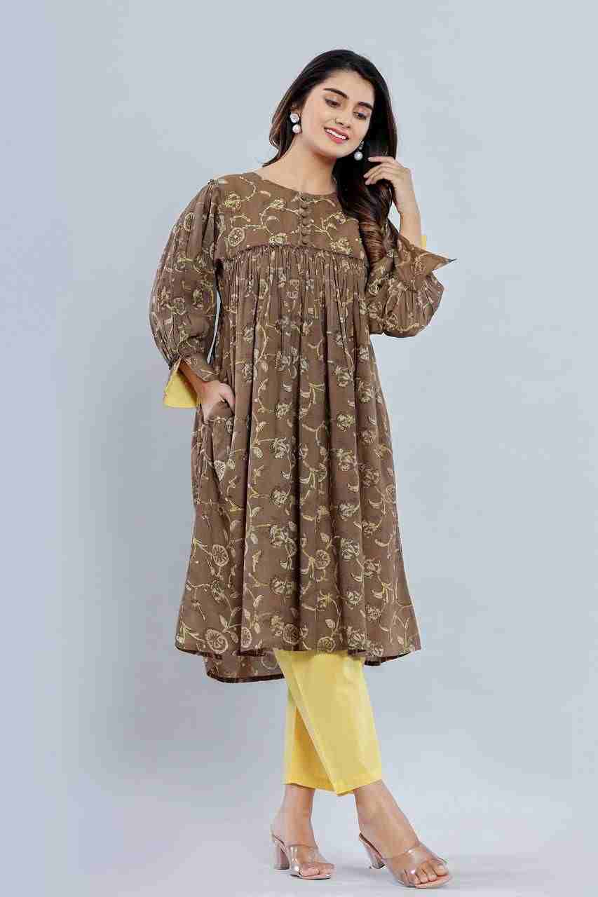 Naksh Brown Loose Fit Gathered Kurta with Pants (Set of 2)