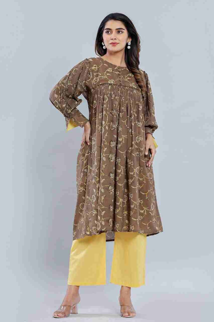 Naksh Brown Loose Fit Gathered Kurta with Pants (Set of 2)