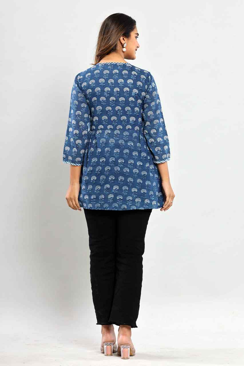Naksh Indigo Blue Booti Short Gathered Kurti