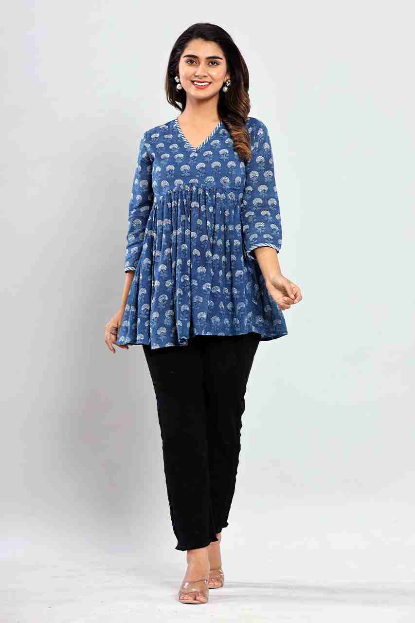 Naksh Indigo Blue Booti Short Gathered Kurti