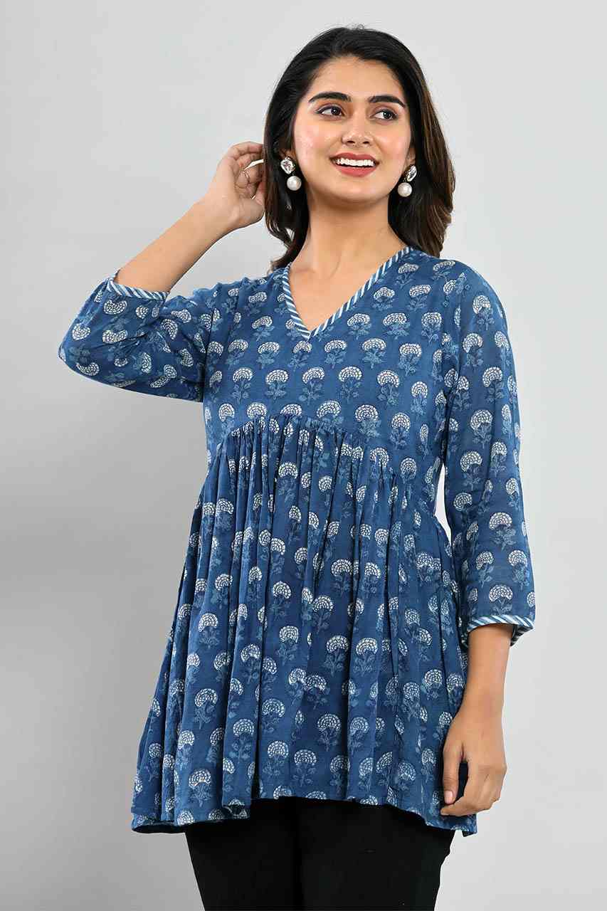 Naksh Indigo Blue Booti Short Gathered Kurti
