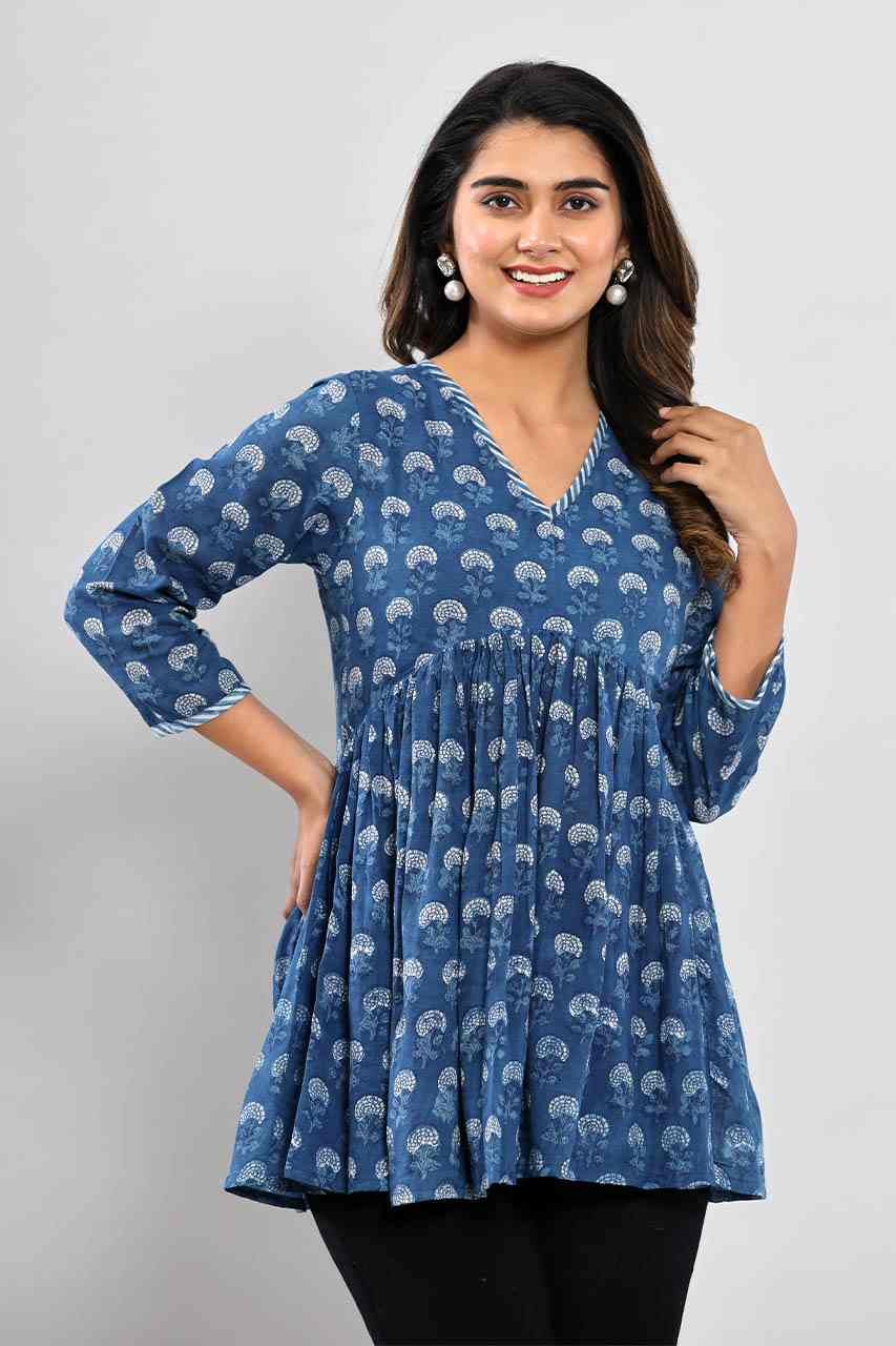 Naksh Indigo Blue Booti Short Gathered Kurti