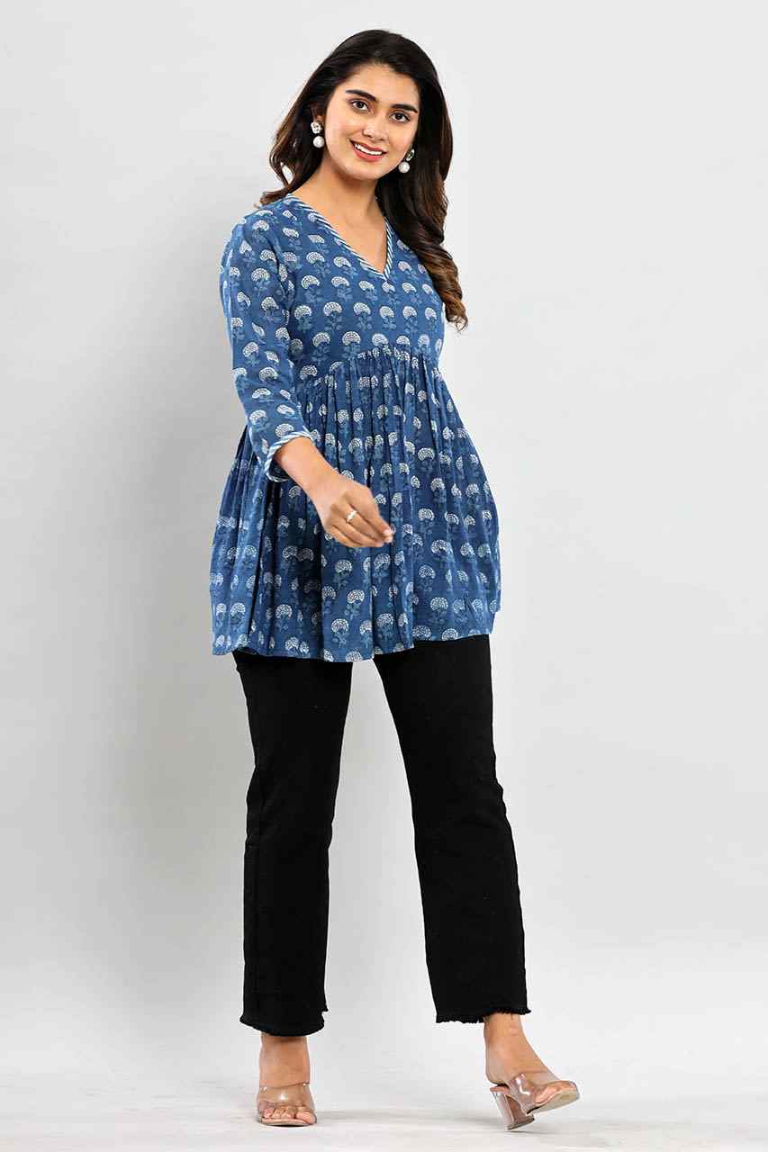 Naksh Indigo Blue Booti Short Gathered Kurti