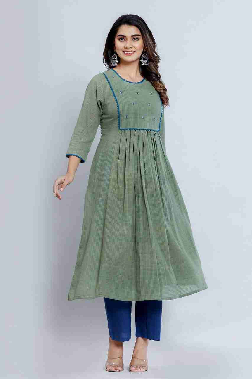 Naksh Green Gathered Kurta Dupatta and Pants (Set of 3)