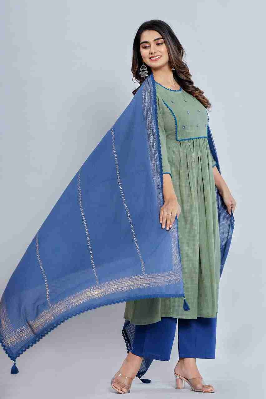 Naksh Green Gathered Kurta Dupatta and Pants (Set of 3)
