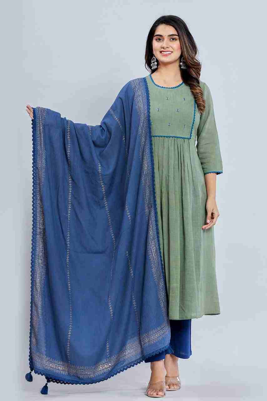 Naksh Green Gathered Kurta Dupatta and Pants (Set of 3)