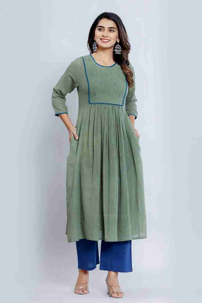 Naksh Green Gathered Kurta Dupatta and Pants (Set of 3)