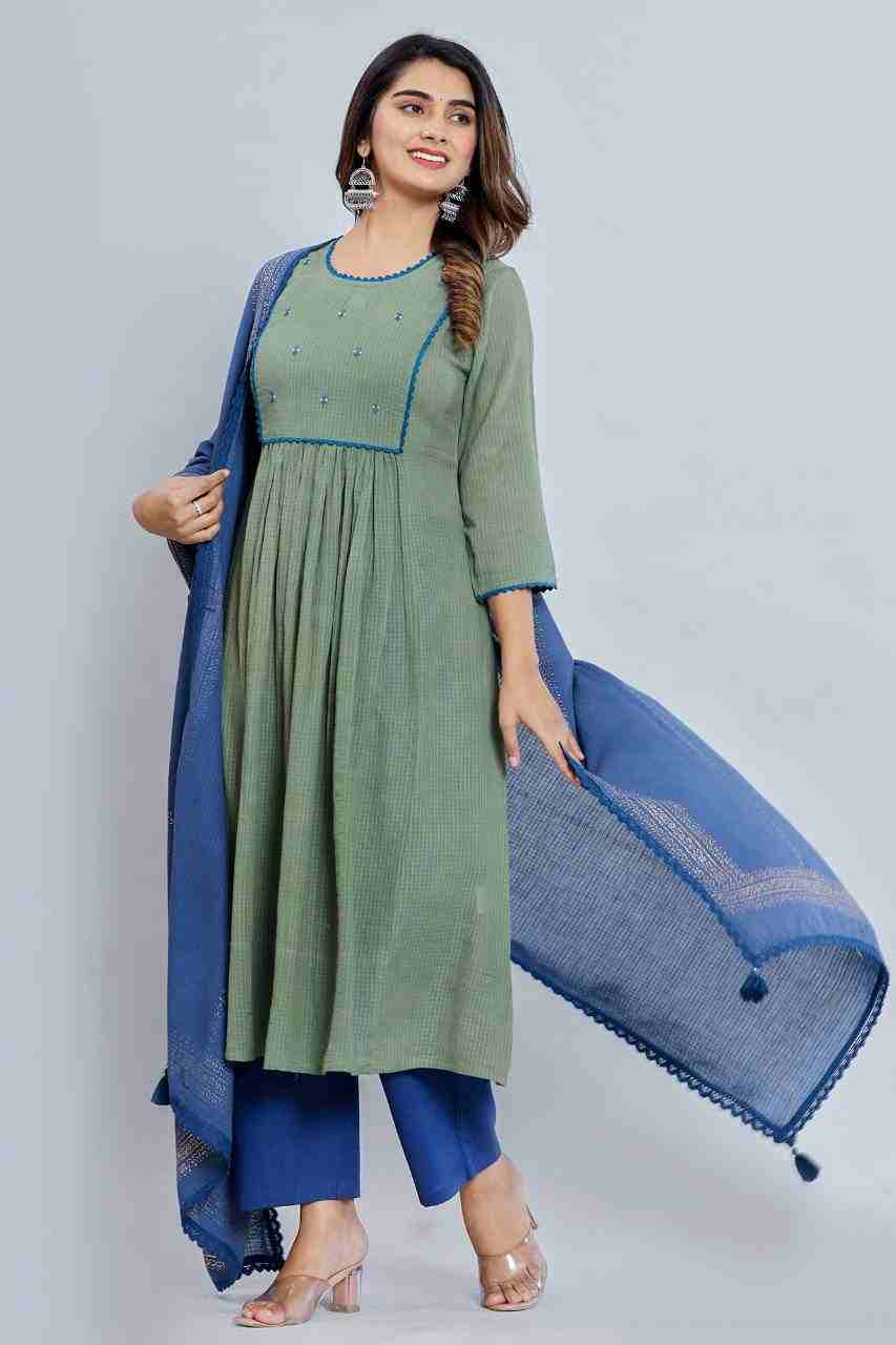 Naksh Green Gathered Kurta Dupatta and Pants (Set of 3)