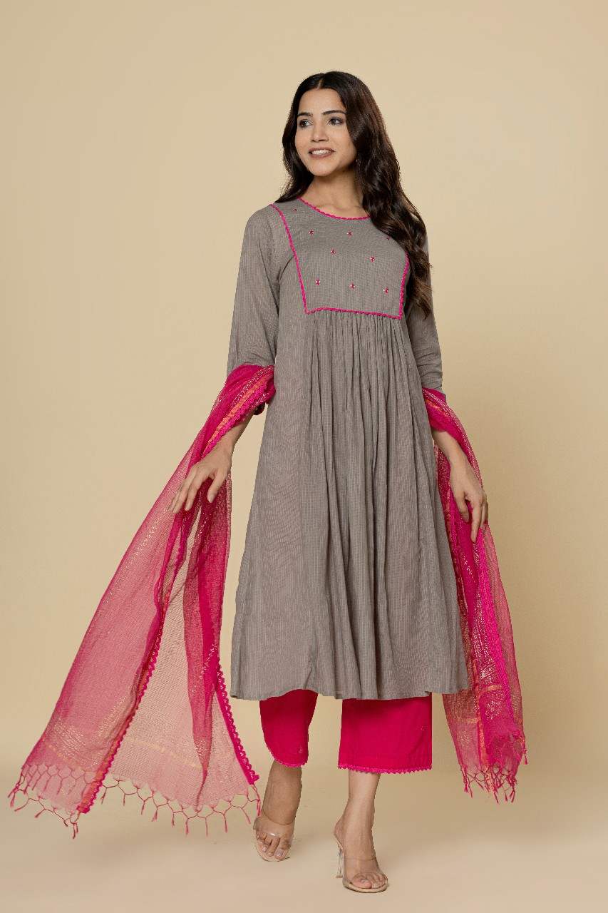 Naksh Grey Pink Gathered Kurta (Set of 3)