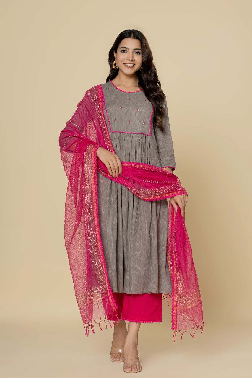 Naksh Grey Pink Gathered Kurta (Set of 3)