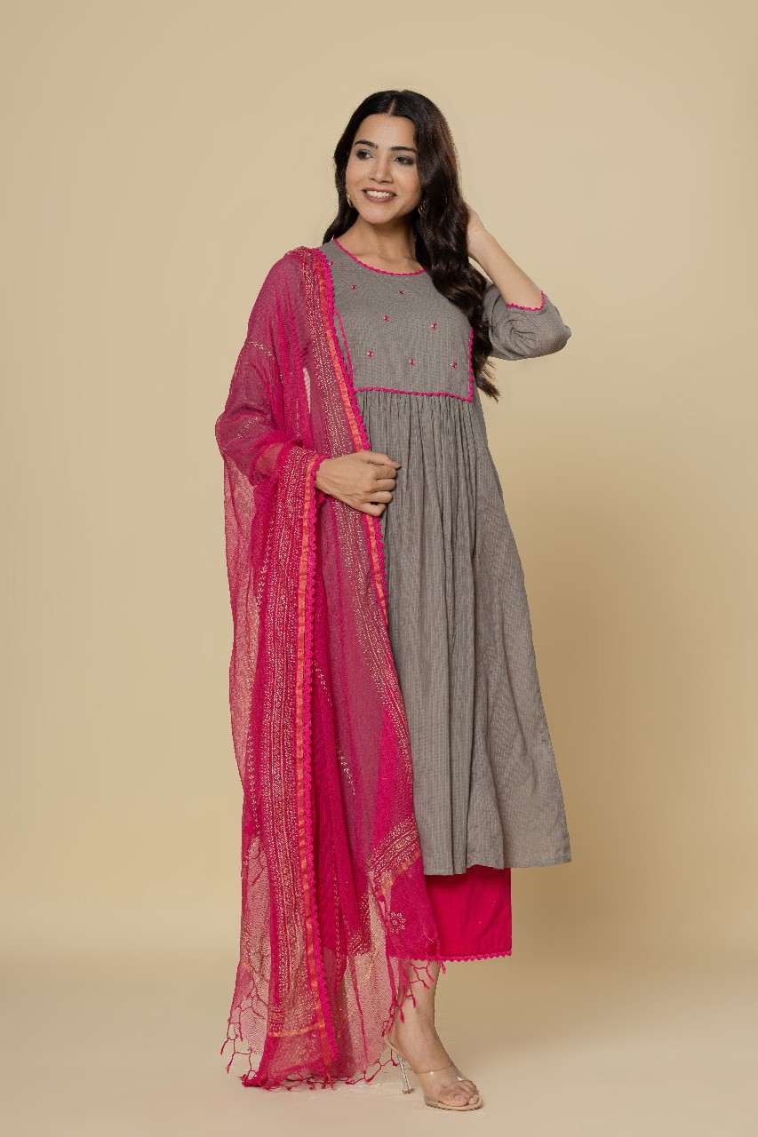 Naksh Grey Pink Gathered Kurta (Set of 3)